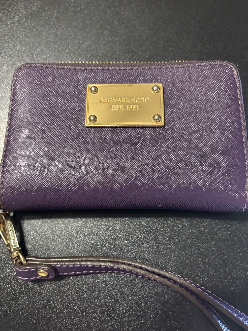 Michael Kors Deep Purple Leather Wristlet with Gold Plaque